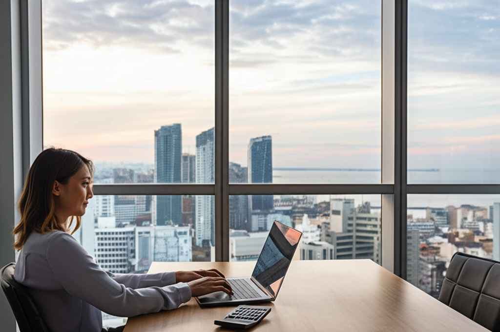 Professionnelle travaillant dans un bureau moderne avec vue sur la ville - Blog télécoms Netcom