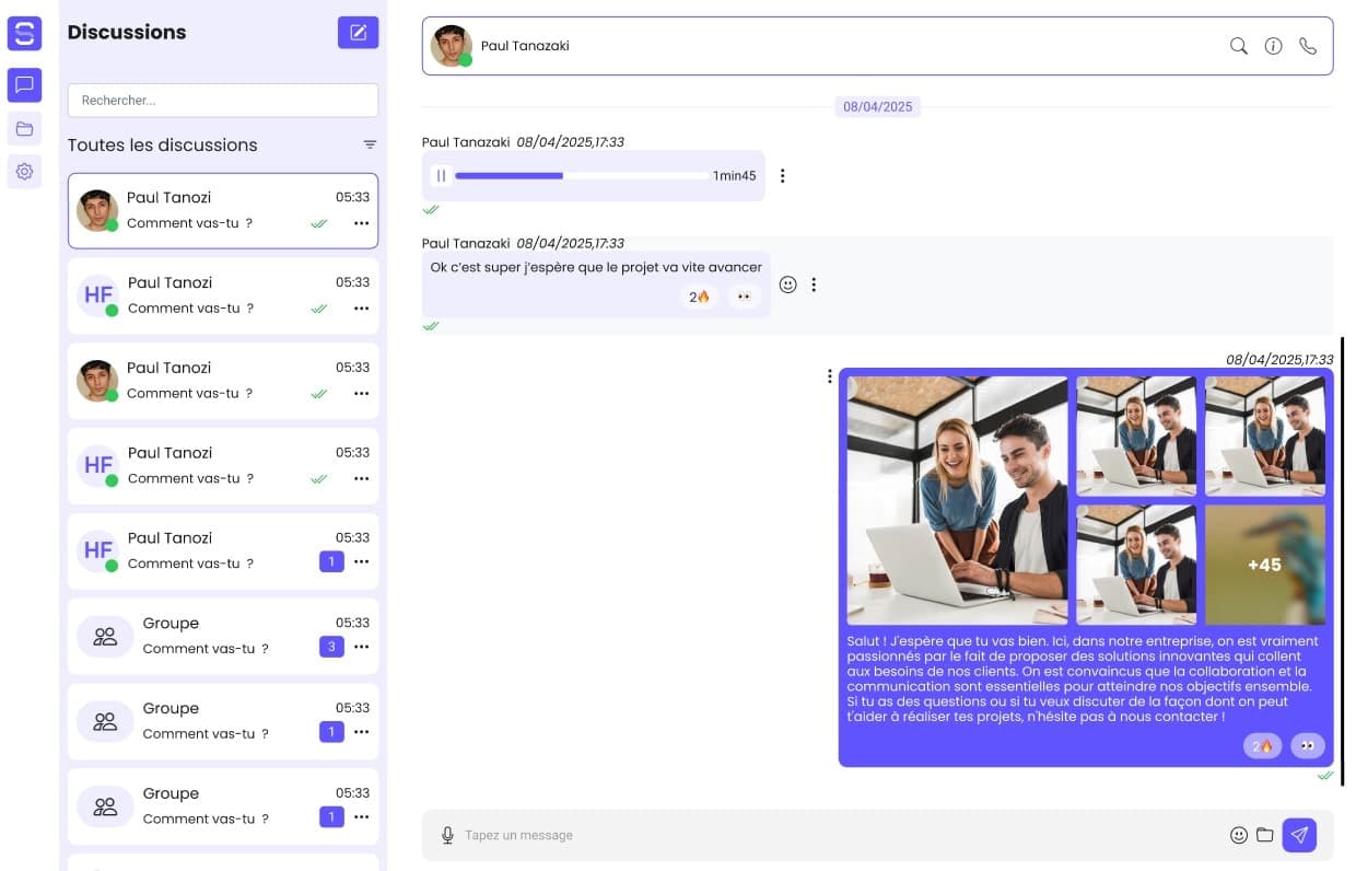 Interface Saylo avec chat d'équipe et outils de collaboration